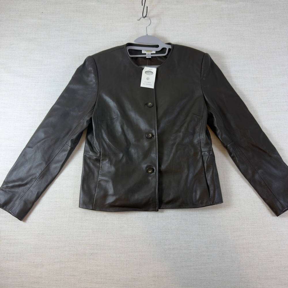 Talbots Womens 10 Dark Brown 100% Leather Collarless Button Front Jacket NWT